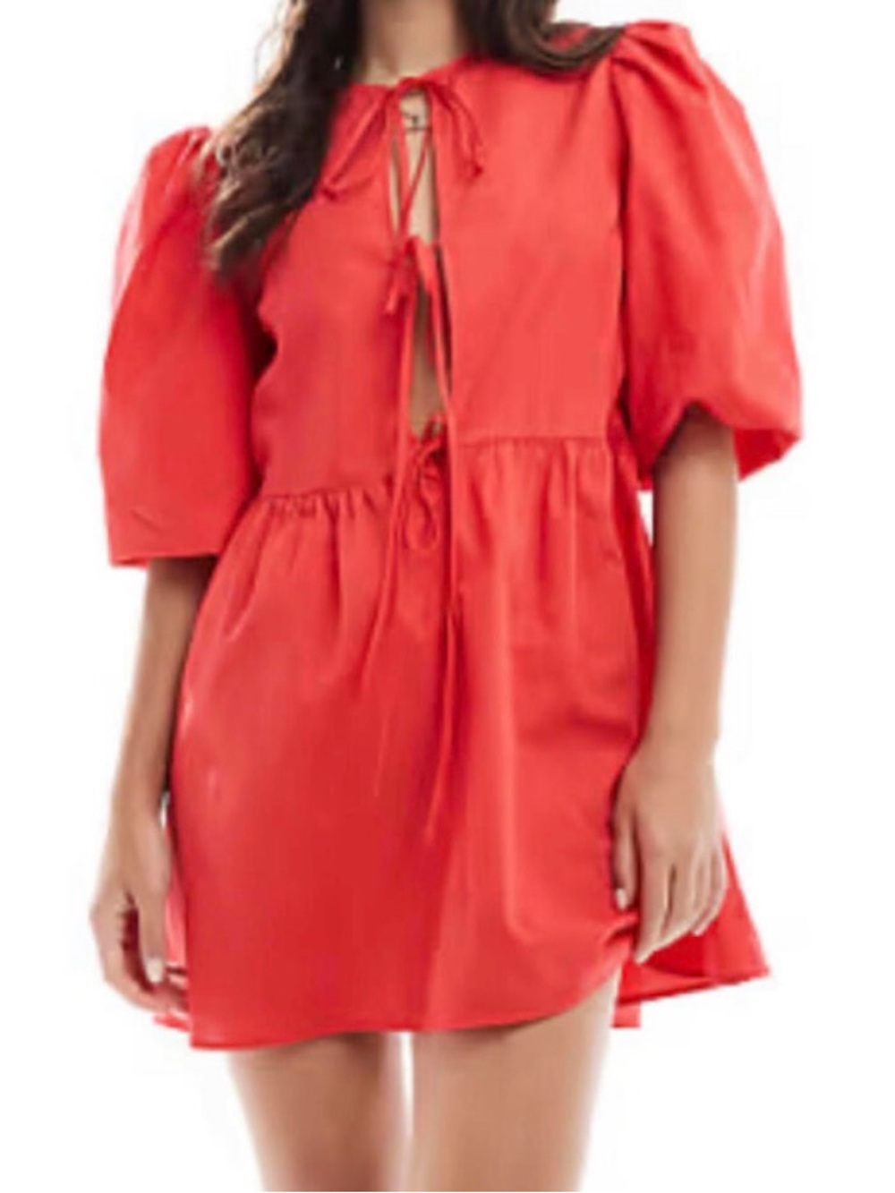 BAND OF THE FREE coral puff sleeve cotton front tie mini dress sz M